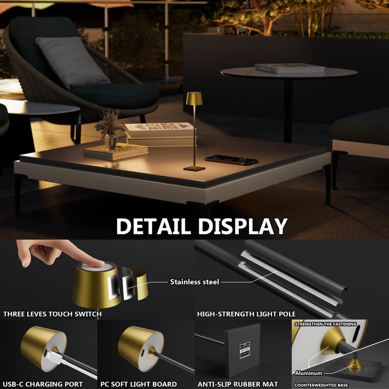 Timjorman Compact Cordless Table Lamp, Rechargeable LED Night Light, Dual Light Source (RGB Top & Warm Bottom), Touch Control & Timer, Metal Lamp for Bedroom & Kids Room (Antique Brass & Black) - Image 3