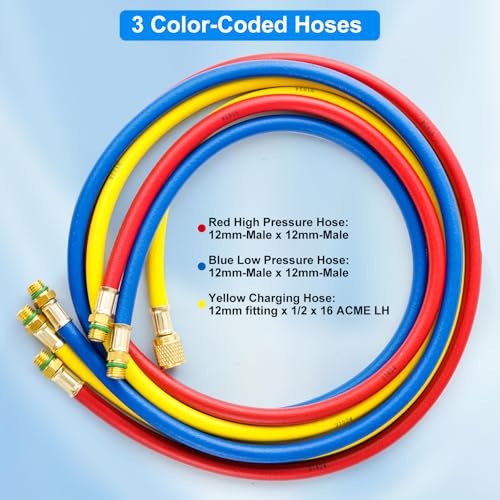 Tigbear R1234YF AC Refrigerant Charging Hoses 5FT AC Manifold Gauge Hose Kit for R1234yf Air Condition Refrigerant 12 SAE Thread 800 PSI AC Charging Hose Tube 60 Inch - Image 3