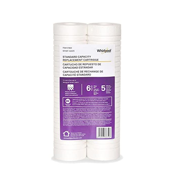 Whirlpool 10" x 2.5" Whole Home Standard Capacity Sediment Filters WHKF-GD05, 5 Micron, 6-Month Filter Life, Reduces Sediment, Sand, Soil, Silt & Rust, for standard filter housings, 2-Pack