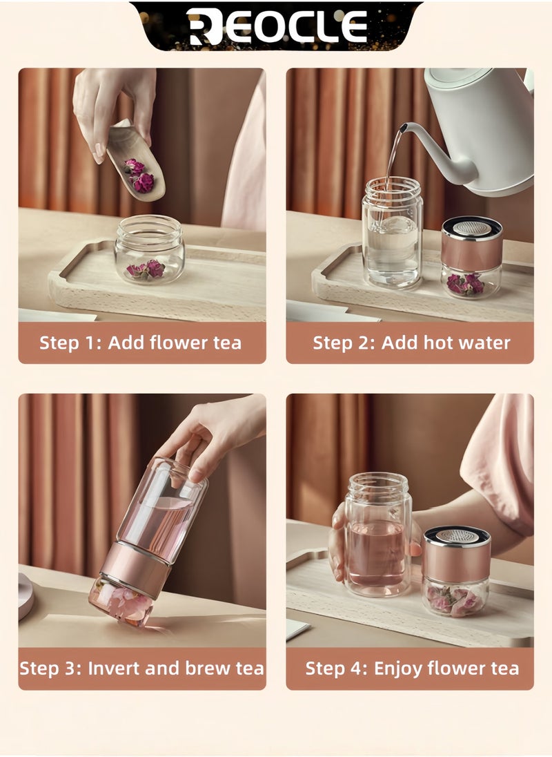 REOCLE Double Layered Glass Water Bottle Travel Mug Tea Infuser Bottle Portable Travel Tea Bottle with Tea Infuser and Clear Filtrating Tea Maker for Various Tea-leaves  - Image 4