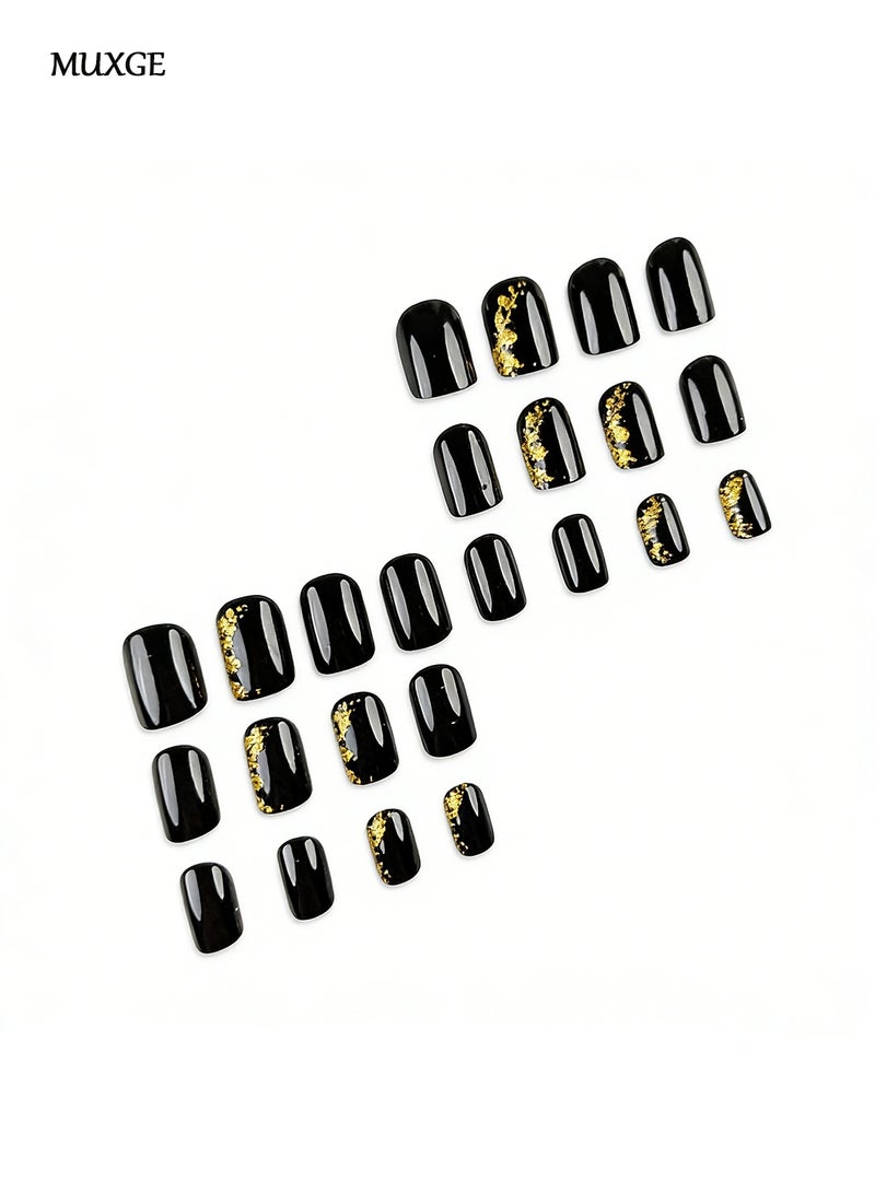 MUXGE Black Gold Foil Press on Nails Set - 24 Pieces - Image 3