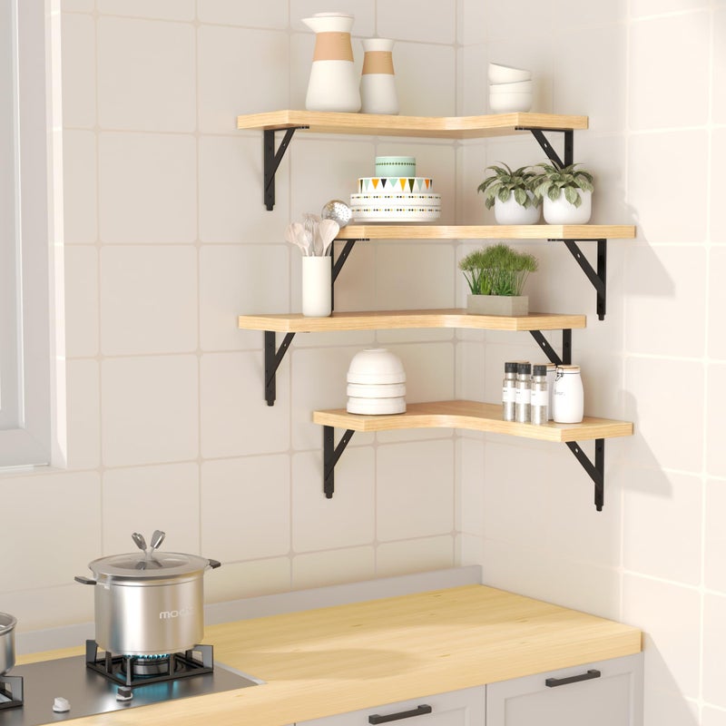 ROMGUAR CRAFT Corner Floating Shelves Wall Mounted Set of 4, Rustic Wood Storage Display Wall Shelves for Home Decor, Bathroom, Kitchen, Bedroom, Living Room, Office (Natural) - Image 2
