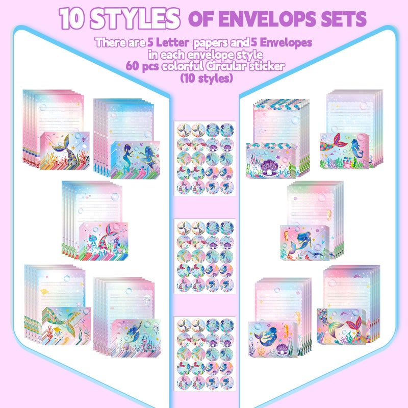 TaoBary 160 Pcs Stationery Paper Set 50 Double Sided Stationery Papers with 50 Matching Envelopes and 60 Round Dot Sticker, 10 Design(Mermaid,5.5 x 8.25 Inch) - Image 4