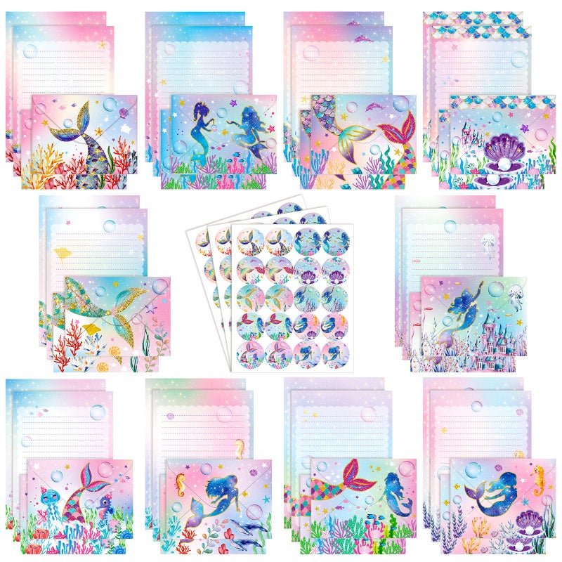 TaoBary 160 Pcs Stationery Paper Set 50 Double Sided Stationery Papers with 50 Matching Envelopes and 60 Round Dot Sticker, 10 Design(Mermaid,5.5 x 8.25 Inch) - Image 1