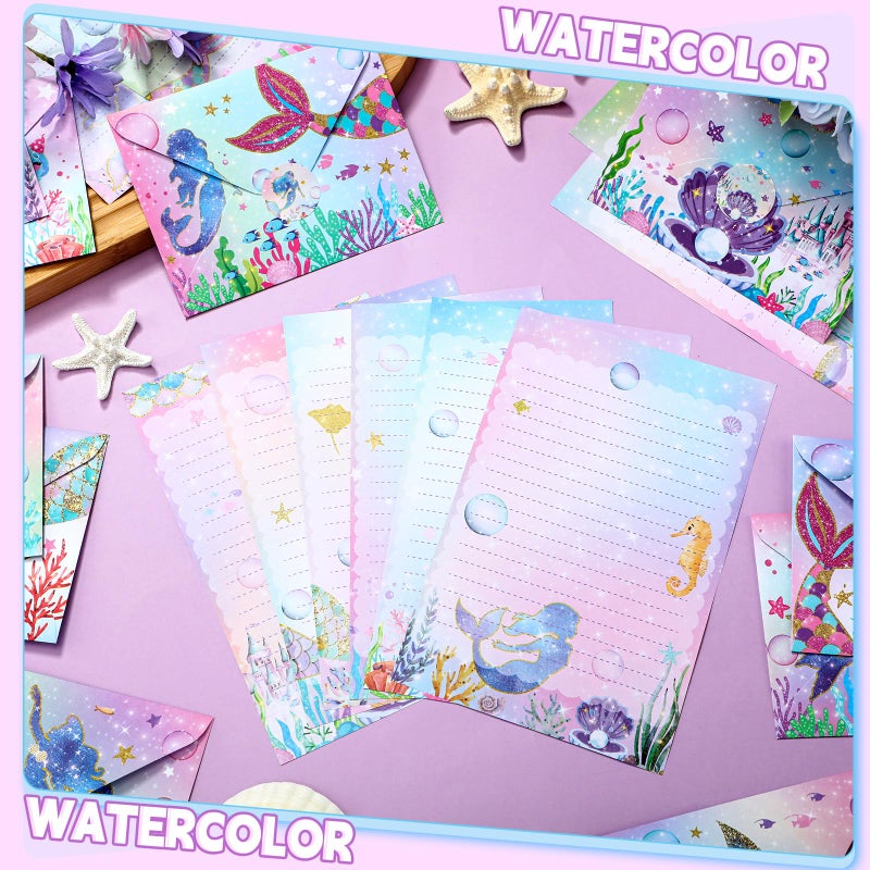TaoBary 160 Pcs Stationery Paper Set 50 Double Sided Stationery Papers with 50 Matching Envelopes and 60 Round Dot Sticker, 10 Design(Mermaid,5.5 x 8.25 Inch) - Image 3