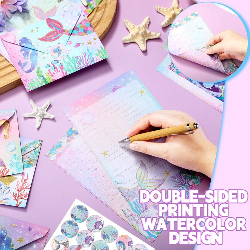 TaoBary 160 Pcs Stationery Paper Set 50 Double Sided Stationery Papers with 50 Matching Envelopes and 60 Round Dot Sticker, 10 Design(Mermaid,5.5 x 8.25 Inch) - Image 2