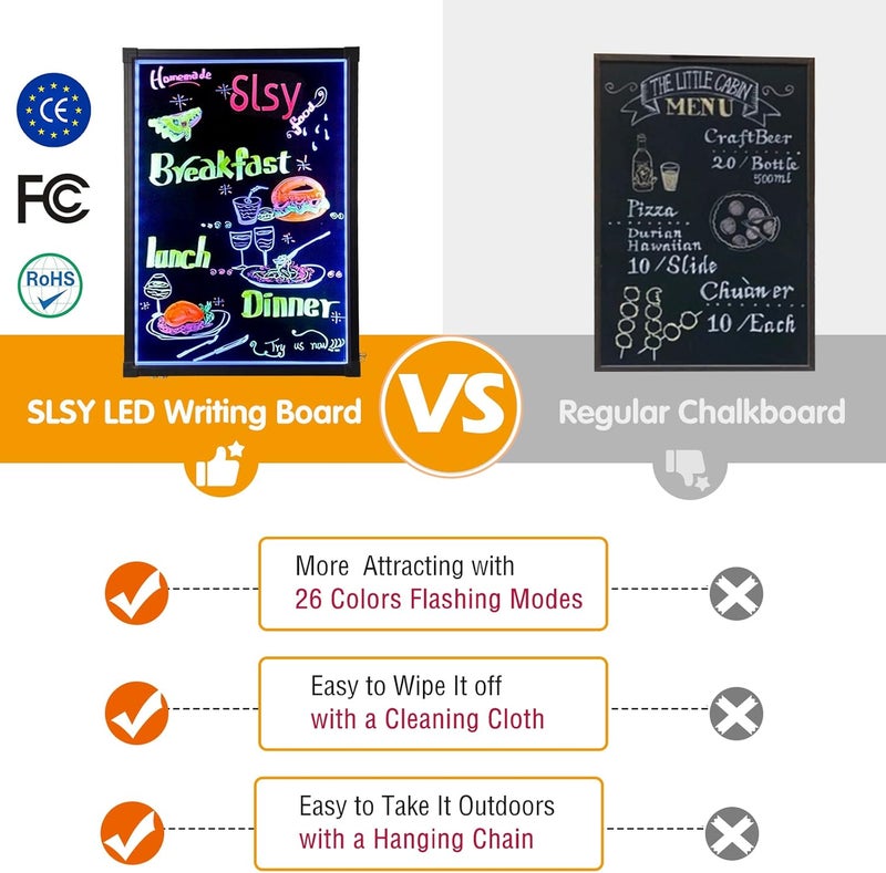 Slsy Illuminated LED Message Writing Board Erasable Neon Effect Menu Sign Board with 8 Fluorescent Makers, 12Colors Flashing Modes, Remote Control Message Board (28"X20") - Image 4