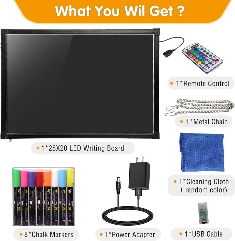Slsy Illuminated LED Message Writing Board Erasable Neon Effect Menu Sign Board with 8 Fluorescent Makers, 12Colors Flashing Modes, Remote Control Message Board (28"X20") - Image 3