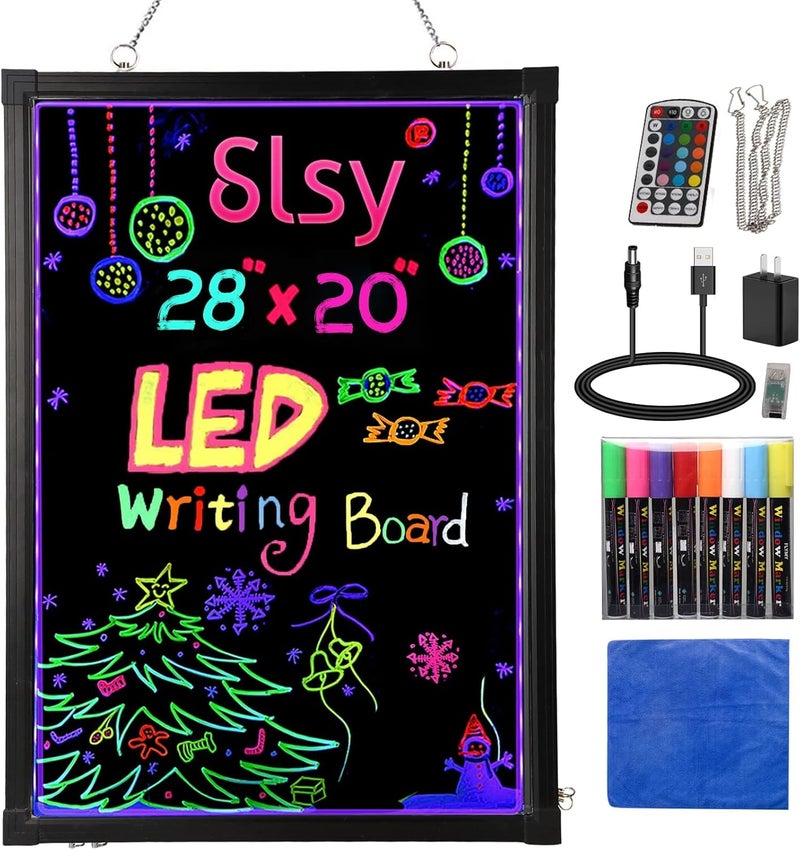Slsy Illuminated LED Message Writing Board Erasable Neon Effect Menu Sign Board with 8 Fluorescent Makers, 12Colors Flashing Modes, Remote Control Message Board (28"X20") - Image 1