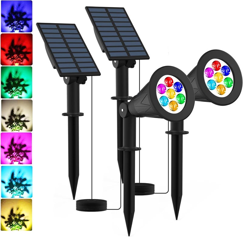 T-SUNUS RGB Solar Landscape Spotlights Christmas, Color Changing Spot Lights Waterproof IP65 Garden Pond, 180° Adjustable Halloween Wall Tree Light Separately Installed for Outdoor Indoor 2 Pack - Image 1