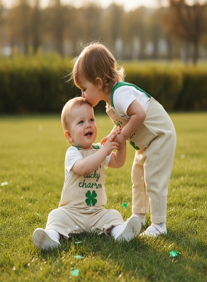 Ayalinggo Saint Patricks Day Newborn Baby Girl Boy Outfit Daddy Mama Lucky Charm Overalls Shamrock Embroidery Spring Clothes (Khaki Mom's Lucky, 6-9 Months) - Image 2