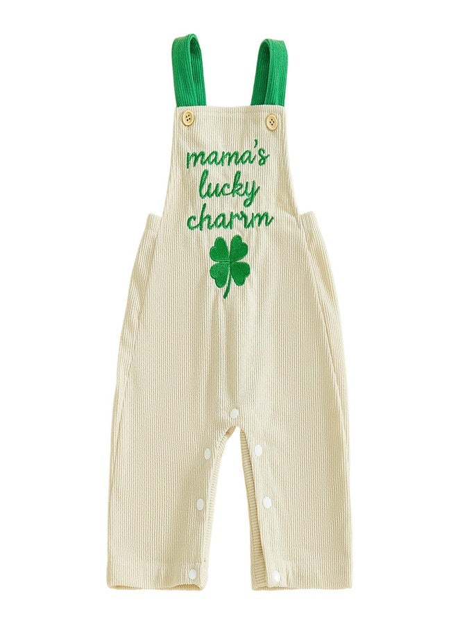 Ayalinggo Saint Patricks Day Newborn Baby Girl Boy Outfit Daddy Mama Lucky Charm Overalls Shamrock Embroidery Spring Clothes (Khaki Mom's Lucky, 6-9 Months) - Image 1