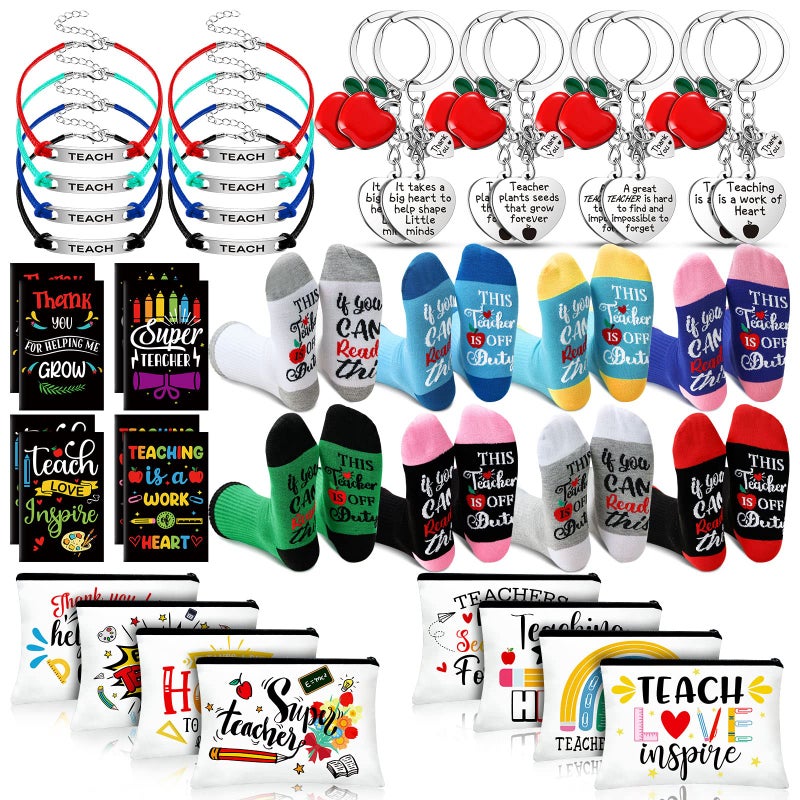 Chunful 40 Pcs Teacher Appreciation Gifts Bulk Includes 8 Funny Teacher Socks 8 Makeup Cosmetic Bag Novelty Keychains Notebooks and Bracelets for Graduation Christmas Thanksgiving - Image 2