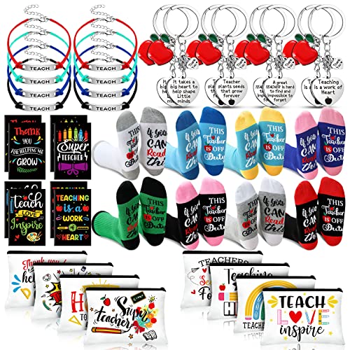 Chunful 40 Pcs Teacher Appreciation Gifts Bulk Includes 8 Funny Teacher Socks 8 Makeup Cosmetic Bag Novelty Keychains Notebooks and Bracelets for Graduation Christmas Thanksgiving - Image 1