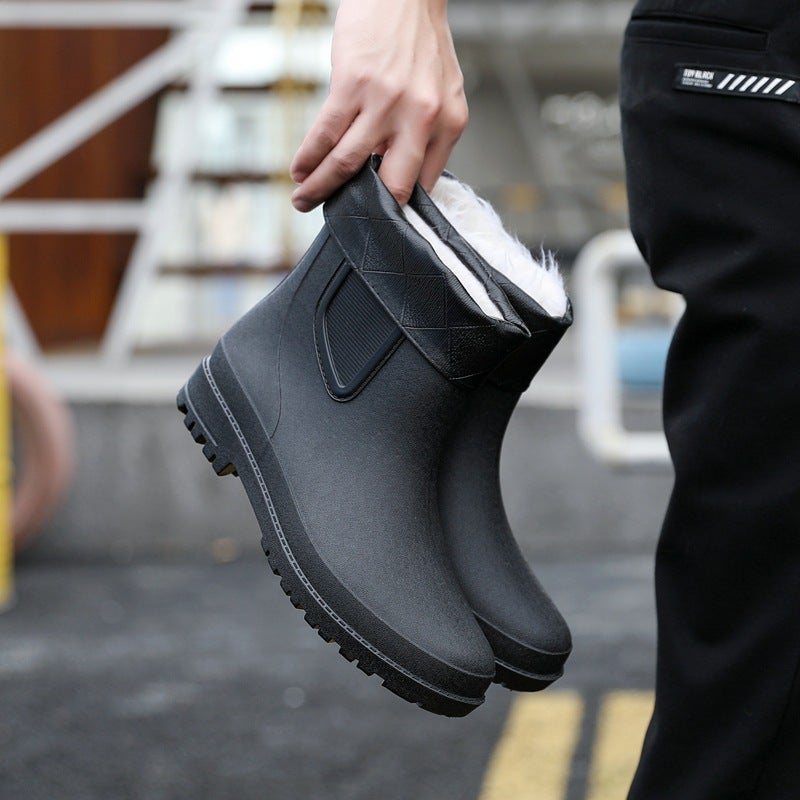 Mens Short Tube Rain Boots Fashion Durable Non-slip 2098 Black (1 size larger for fleece-lined models) 