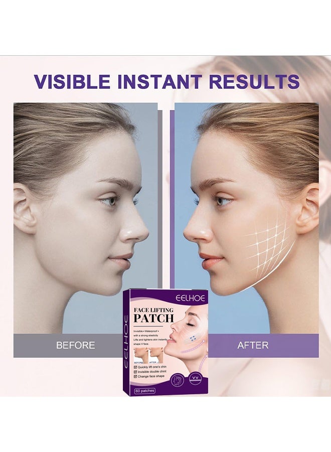EELHOE 60 Patches Face Lifting Patch, Waterproof High Elasticity V Shape Lift Tape Stickers For Wrinkles Jowls Neck Eye, Quick Face Lifting Band, Instant Face Lifting Tape, Invisible Strips To Hide Double Chin, Hides The Double Chin and Creates A V-Shaped Face - Image 3