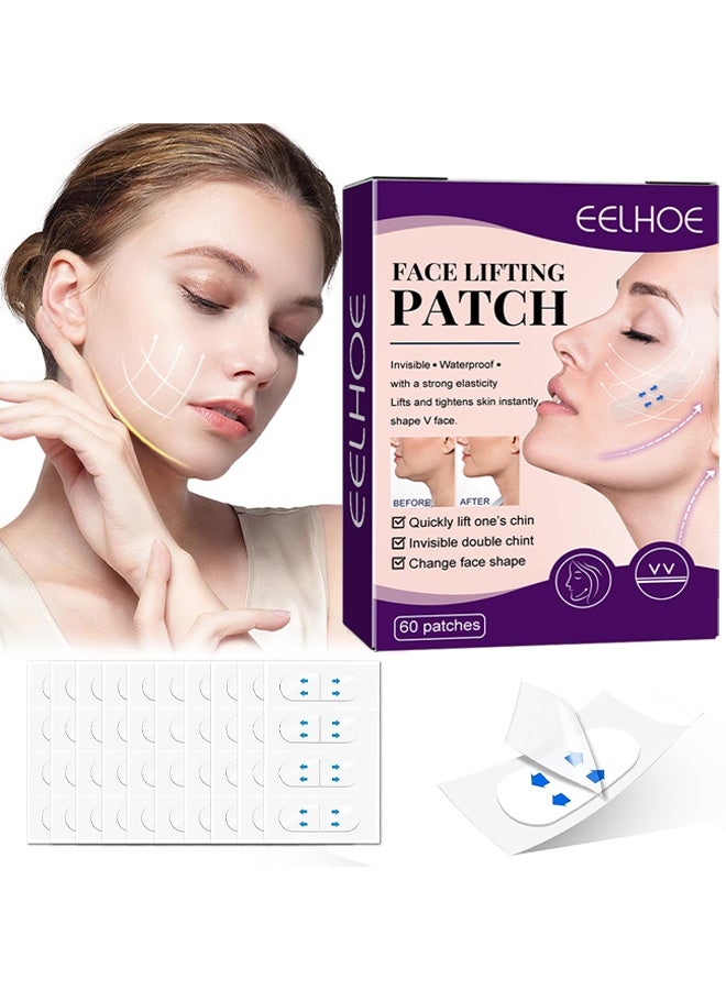 EELHOE 60 Patches Face Lifting Patch, Waterproof High Elasticity V Shape Lift Tape Stickers For Wrinkles Jowls Neck Eye, Quick Face Lifting Band, Instant Face Lifting Tape, Invisible Strips To Hide Double Chin, Hides The Double Chin and Creates A V-Shaped Face - Image 1