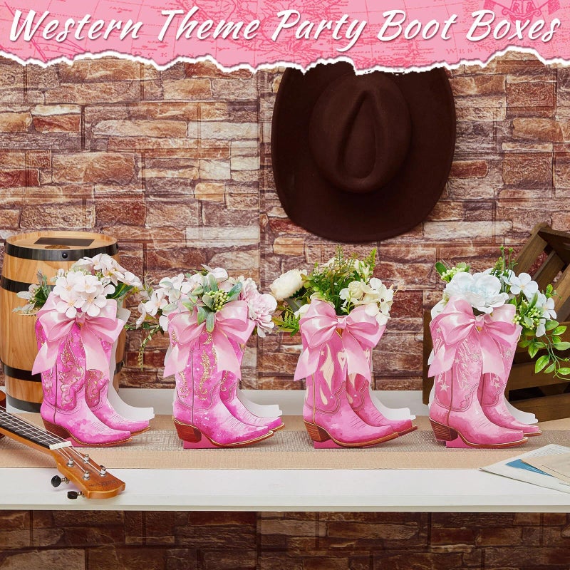Memorywuu 12 Set Pink Western Cowgirl Bow Boots Flower Boxes Centerpiece Boot Shape Gift Boxes Western Party Decoration Vase Centerpiece for Table Boots for Rodeo Birthday Baby Shower Wedding Supplies - Image 5