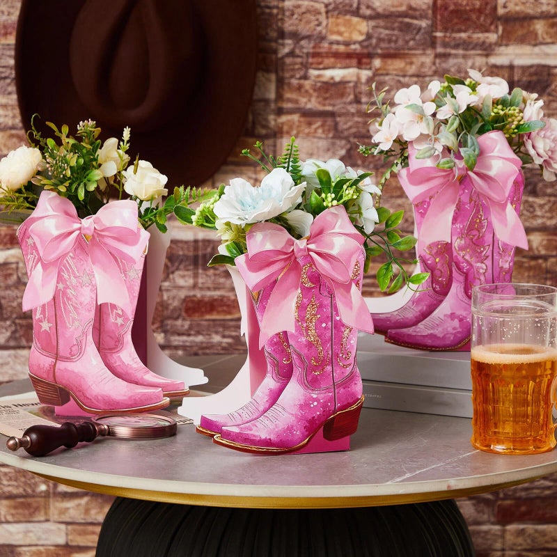 Memorywuu 12 Set Pink Western Cowgirl Bow Boots Flower Boxes Centerpiece Boot Shape Gift Boxes Western Party Decoration Vase Centerpiece for Table Boots for Rodeo Birthday Baby Shower Wedding Supplies - Image 4