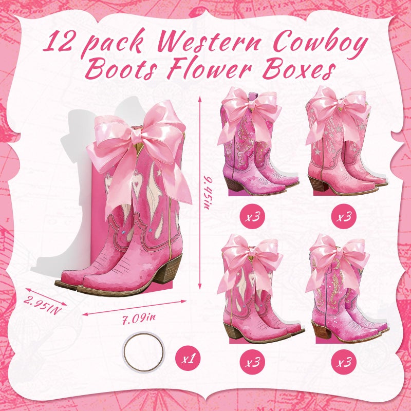 Memorywuu 12 Set Pink Western Cowgirl Bow Boots Flower Boxes Centerpiece Boot Shape Gift Boxes Western Party Decoration Vase Centerpiece for Table Boots for Rodeo Birthday Baby Shower Wedding Supplies - Image 2