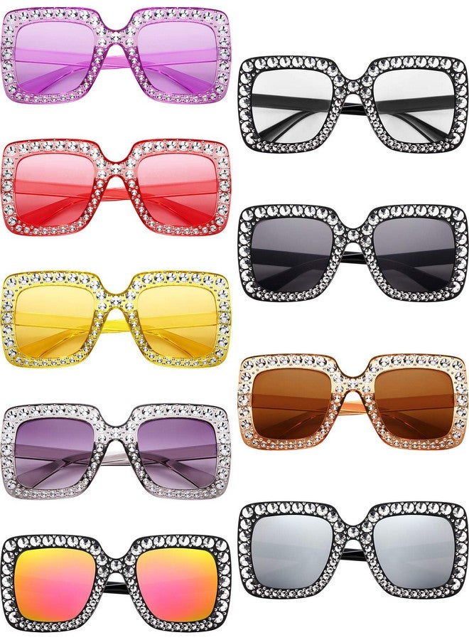 Frienda 9 Pairs Rhinestone Oversized Square Sunglasses For Women Sparkling Bling Sunglasses Crystal Square Sunglasses Rhinestone Frame Glasses For Women Girls (Elegant Color)  - Image 1