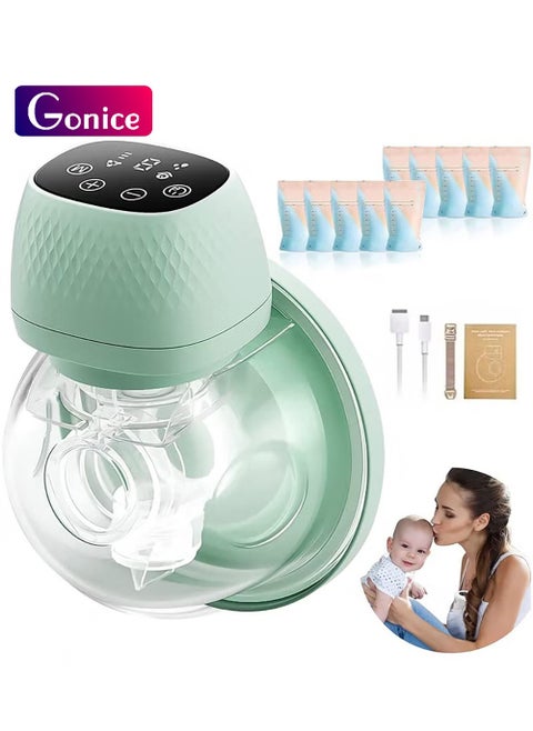 Wearable Breast Pump - 3 Modes & 9 Levels Touch Screen, Portable Electric Breast Pump, Wireless Pump,  Low Noise Green
