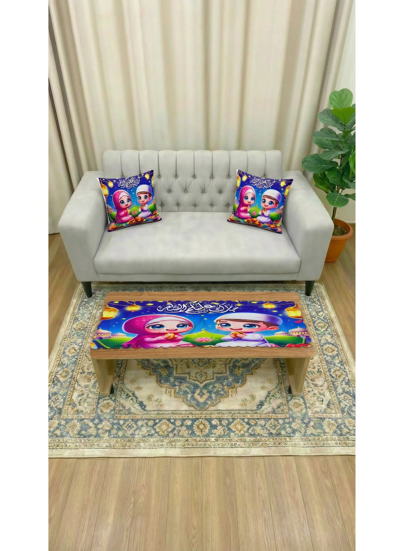 طقم ديكور رمضان 3 قطع - مفرش سفرة (140 × 43 سم) و 2 كيس خدادية (43 × 43 سم) - تصميم كرتوني رمضاني مبهج لغرفة المعيشة - زينة رمضان للمنزل - Image 1