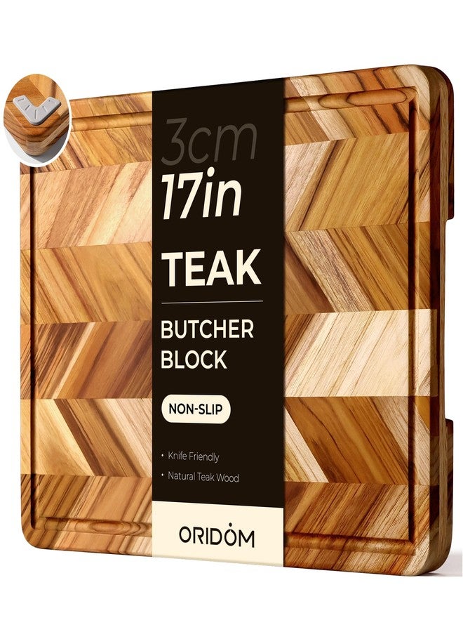 oridom Teak Wood Cutting Board for Kitchen Large End Grain Heavy Duty Checkered Wooden Cutting Board Non Toxic Herringbone Charcuterie Butcher Block Non Slip Hardwood Chopping Board with Juice Groove Handle - Image 1
