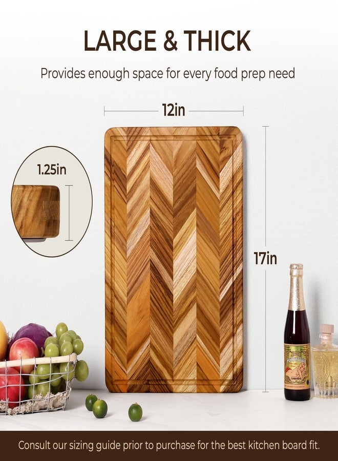 oridom Teak Wood Cutting Board for Kitchen Large End Grain Heavy Duty Checkered Wooden Cutting Board Non Toxic Herringbone Charcuterie Butcher Block Non Slip Hardwood Chopping Board with Juice Groove Handle - Image 3