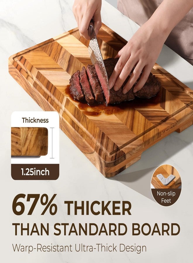 oridom Teak Wood Cutting Board for Kitchen Large End Grain Heavy Duty Checkered Wooden Cutting Board Non Toxic Herringbone Charcuterie Butcher Block Non Slip Hardwood Chopping Board with Juice Groove Handle - Image 5