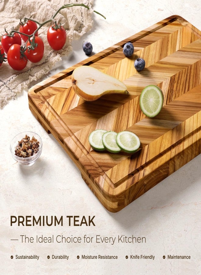 oridom Teak Wood Cutting Board for Kitchen Large End Grain Heavy Duty Checkered Wooden Cutting Board Non Toxic Herringbone Charcuterie Butcher Block Non Slip Hardwood Chopping Board with Juice Groove Handle - Image 2