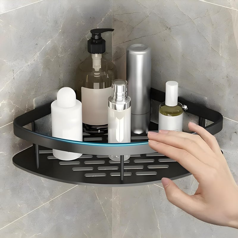 CPEX Adhesive Corner Shelf for Bathroom Wall/Aluminium Kitchen Corner Shelf Adhesive with Railing & Magic Stickers/Bathroom Organiser Without Drill (1) - Image 1