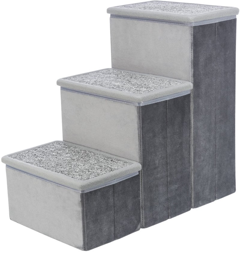 Trixie Velour 3-Step Pet Stairs with Storage, Collapsible, Storage Compartments for Pet Toys,Gray - Image 1