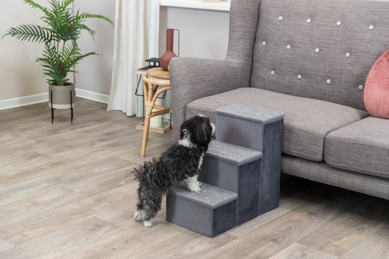 Trixie Velour 3-Step Pet Stairs with Storage, Collapsible, Storage Compartments for Pet Toys,Gray - Image 3