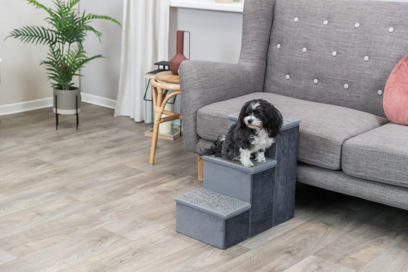 Trixie Velour 3-Step Pet Stairs with Storage, Collapsible, Storage Compartments for Pet Toys,Gray - Image 2