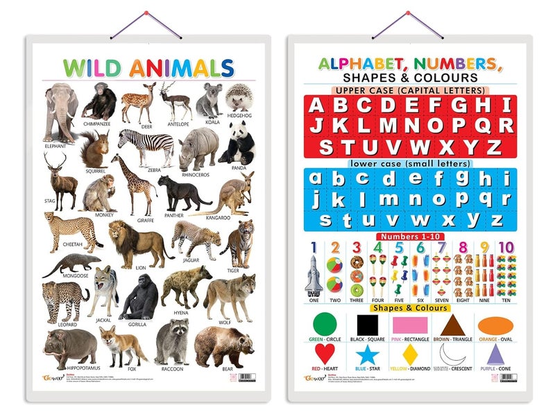 GoWoo Set of 2 Wild Animals and Alphabet, Numbers, Shapes & Colours Early Learning Educational Charts for Kids | 20"X30" inch |Non-Tearable and Waterproof | ... Kindergarten and Nursery Students - Image 1