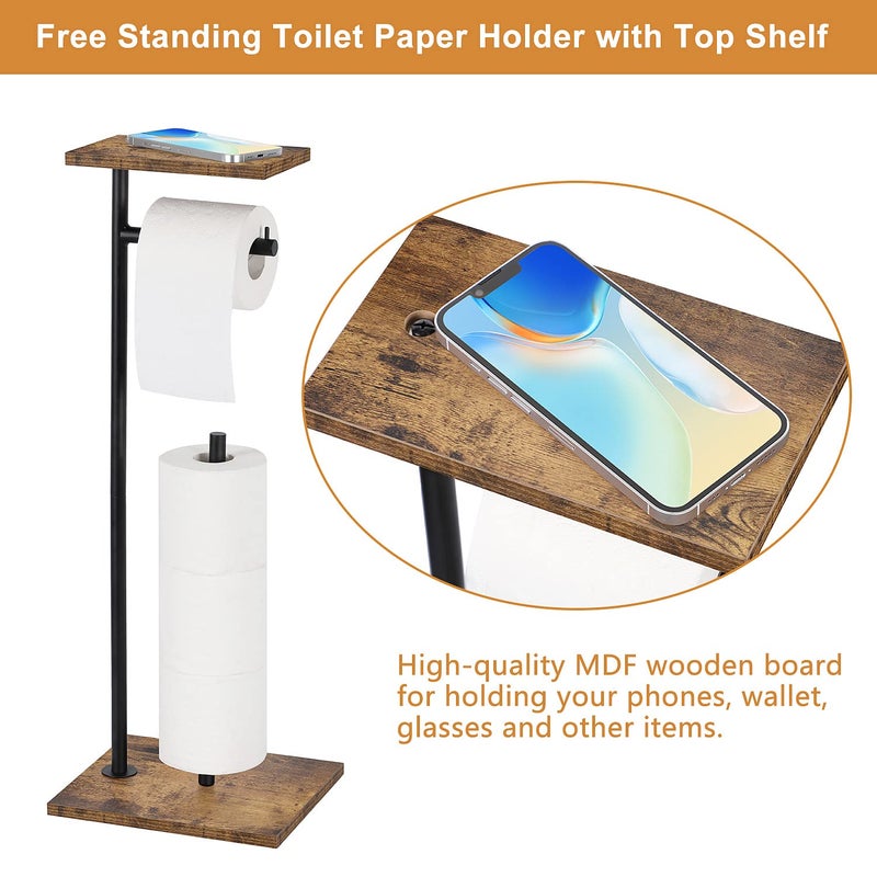 smusei Toilet Paper Holder Stand Bathroom Toilet Paper Roll Holder with Shelf  Free Standing Toilet Paper Holders Floor Stand Freestanding Tissue Dispenser for Reserve Wipe Mega Rolls  Phone - Image 4