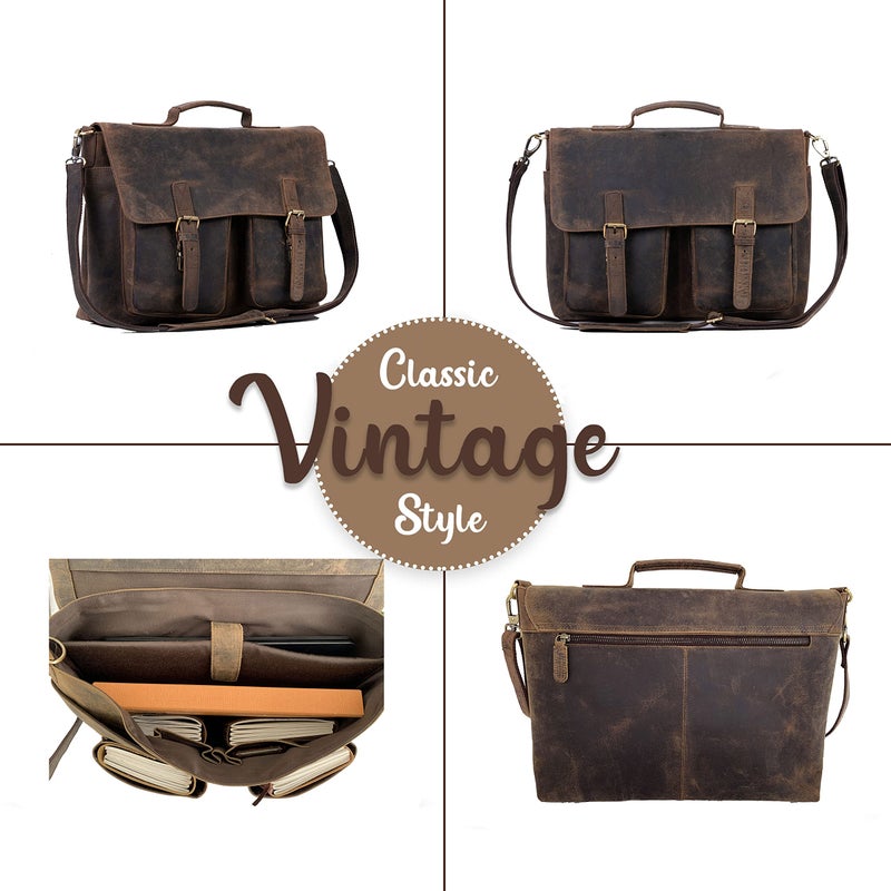 KomalC KomalC KomalC 18 Inch Retro Buffalo Hunter Leather Laptop Messenger Bag Office Briefcase College Bag for Men and Women  - Image 2