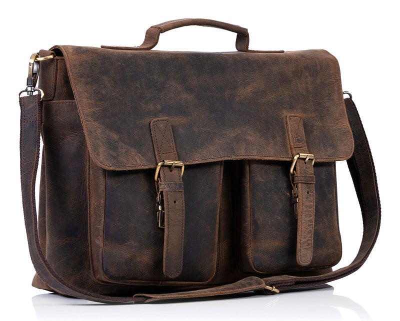KomalC KomalC KomalC 18 Inch Retro Buffalo Hunter Leather Laptop Messenger Bag Office Briefcase College Bag for Men and Women  - Image 1