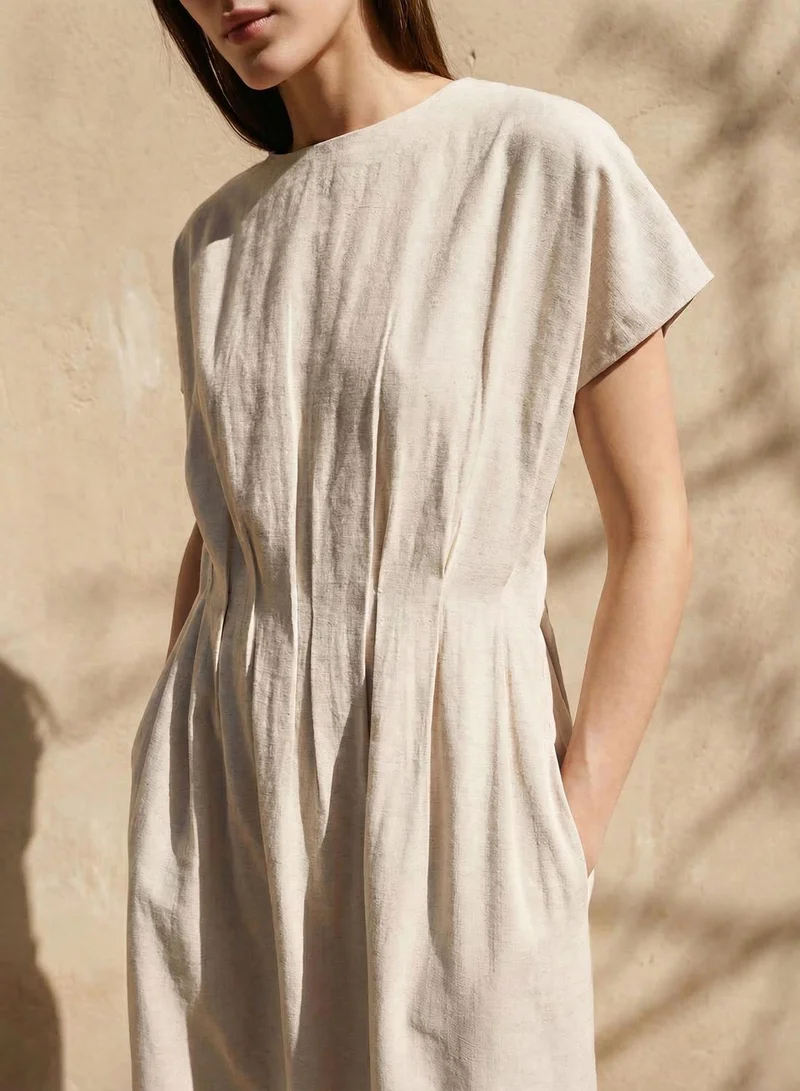 دينيس لينغو Beige Viscose Blend Solid Print Midi Shift Regular Fit Dress For Women