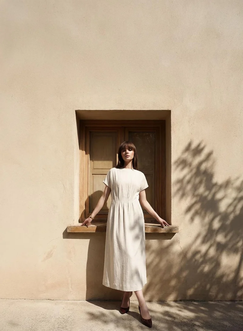 دينيس لينغو Beige Viscose Blend Solid Print Midi Shift Regular Fit Dress For Women