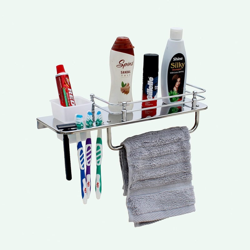 STONE STONE Stainless Steel Classic 3 in 1 Multipurpose Bathroom Shelf Rack Towel Rod Tumbler Holder with Brush Hanger Bathroom Accessories (15 Inch) - Image 1