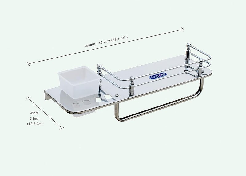 STONE STONE Stainless Steel Classic 3 in 1 Multipurpose Bathroom Shelf Rack Towel Rod Tumbler Holder with Brush Hanger Bathroom Accessories (15 Inch) - Image 2