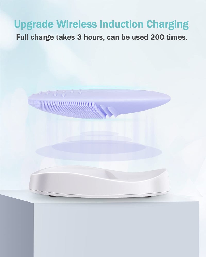 EZBASICS Facial Cleansing Brush Made with Ultra Hygienic Soft Silicone, Waterproof Sonic Vibrating Face Brush for Deep Cleansing, Gentle Massaging, Inductive Charging (Violet)1 Pack+5 Speed Settings - Image 4