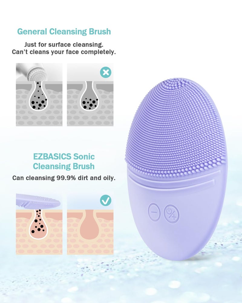 EZBASICS Facial Cleansing Brush Made with Ultra Hygienic Soft Silicone, Waterproof Sonic Vibrating Face Brush for Deep Cleansing, Gentle Massaging, Inductive Charging (Violet)1 Pack+5 Speed Settings - Image 3