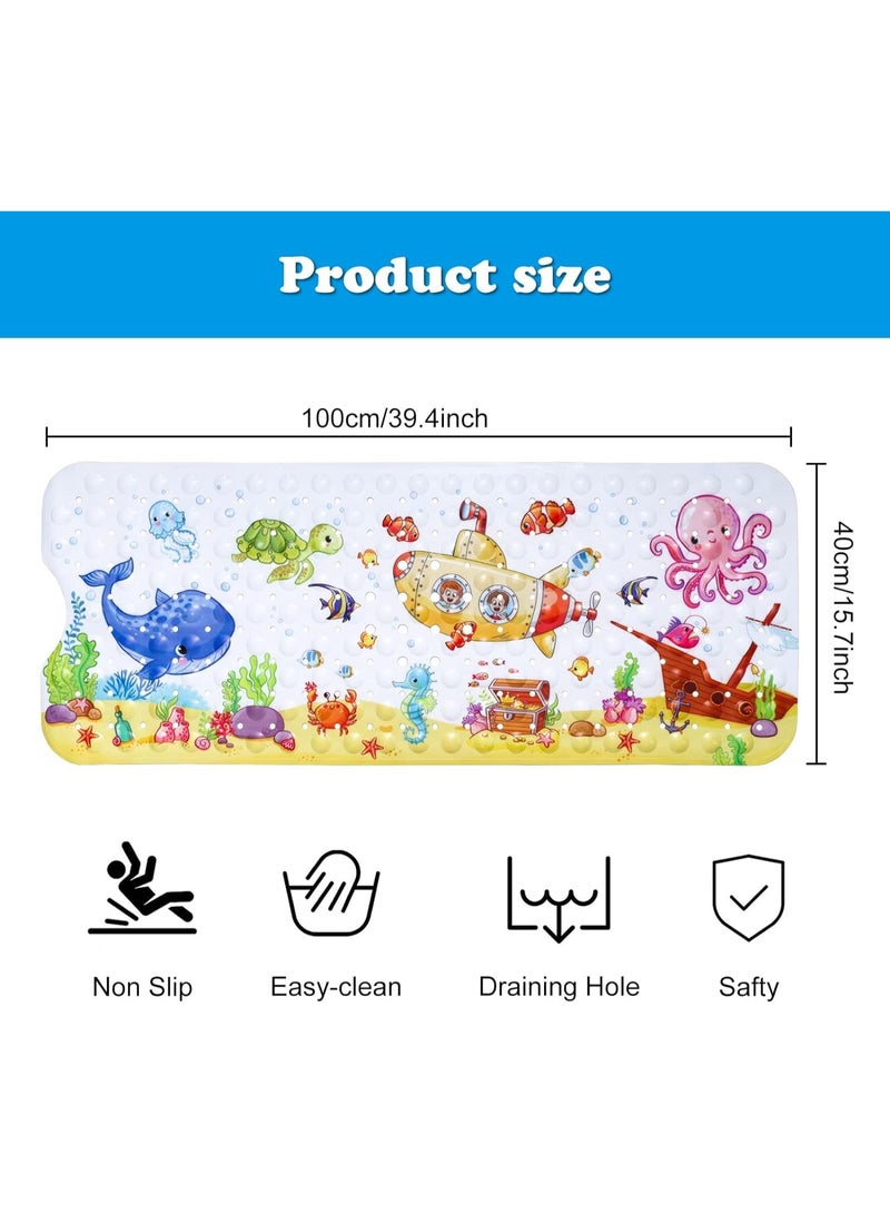 Baby Bath Mat for Tub, 100 X 40 cm, Extra Large, Non Slip, Cartoon Kids Mat, Suction Cups, Drain Holes, Machine Washable, Seabed  - Image 2