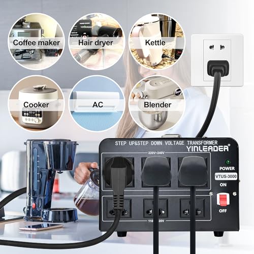 Yinleader Voltage Converter Transformer(110V to 220V, 220V to 110V) Step Up/Down Transformer Converter 110/120 Volt - 220/240 Volt w/US Power Cord,Circuit Breaker Protection (VTUS-3000-6S) - Image 4