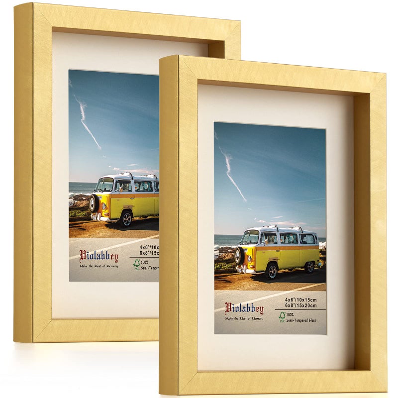 VIOLABBEY 4x6 Picture Frame Gold Set of 2 Photo Frame 4x6 with Mat or 6x8 without Mat Wall Mount or Table Top Semi Tempered Glass