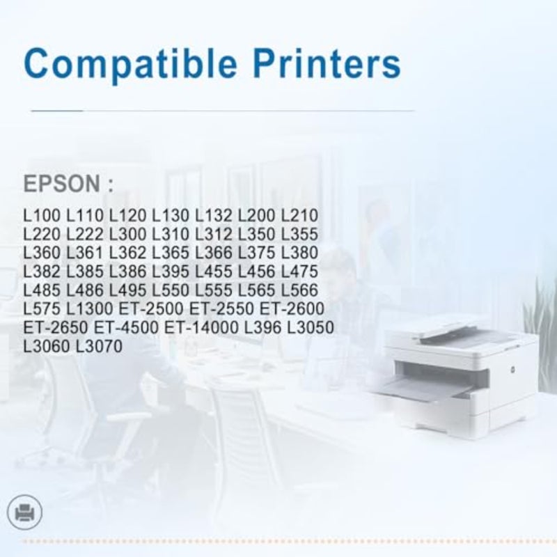 زجاجة حبر طابعة EcoTank لموديلات L210/L220/L300/L355/L365/L555/L1300، ذات أساس صبغي أسود/سماوي/أرجواني/أصفر، 70 مل لكل زجاجة، إنتاجية عالية تصل إلى 8000 صفحة - Image 2