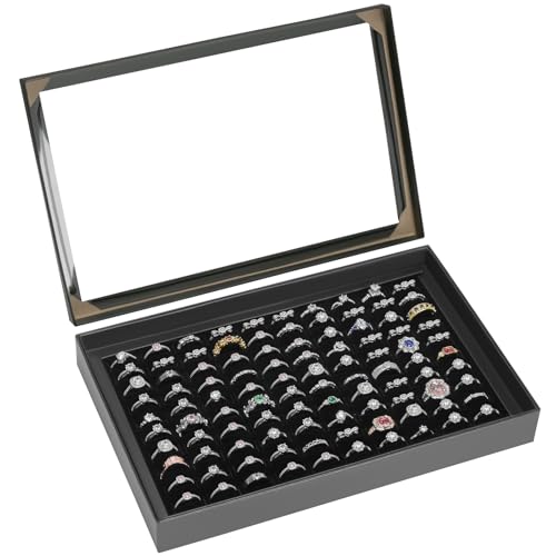 KUKUVR 100 Slots Ring Earring Holder Display Case, Velvet Jewelry Ring Earring Storage Organizer Box Tray with Clear Lid for Women And Selling Show (Black) - Image 1
